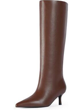 Women's Knee High Boots Kitten Heels Tall Boots Pointed Toe Long Boot Brown